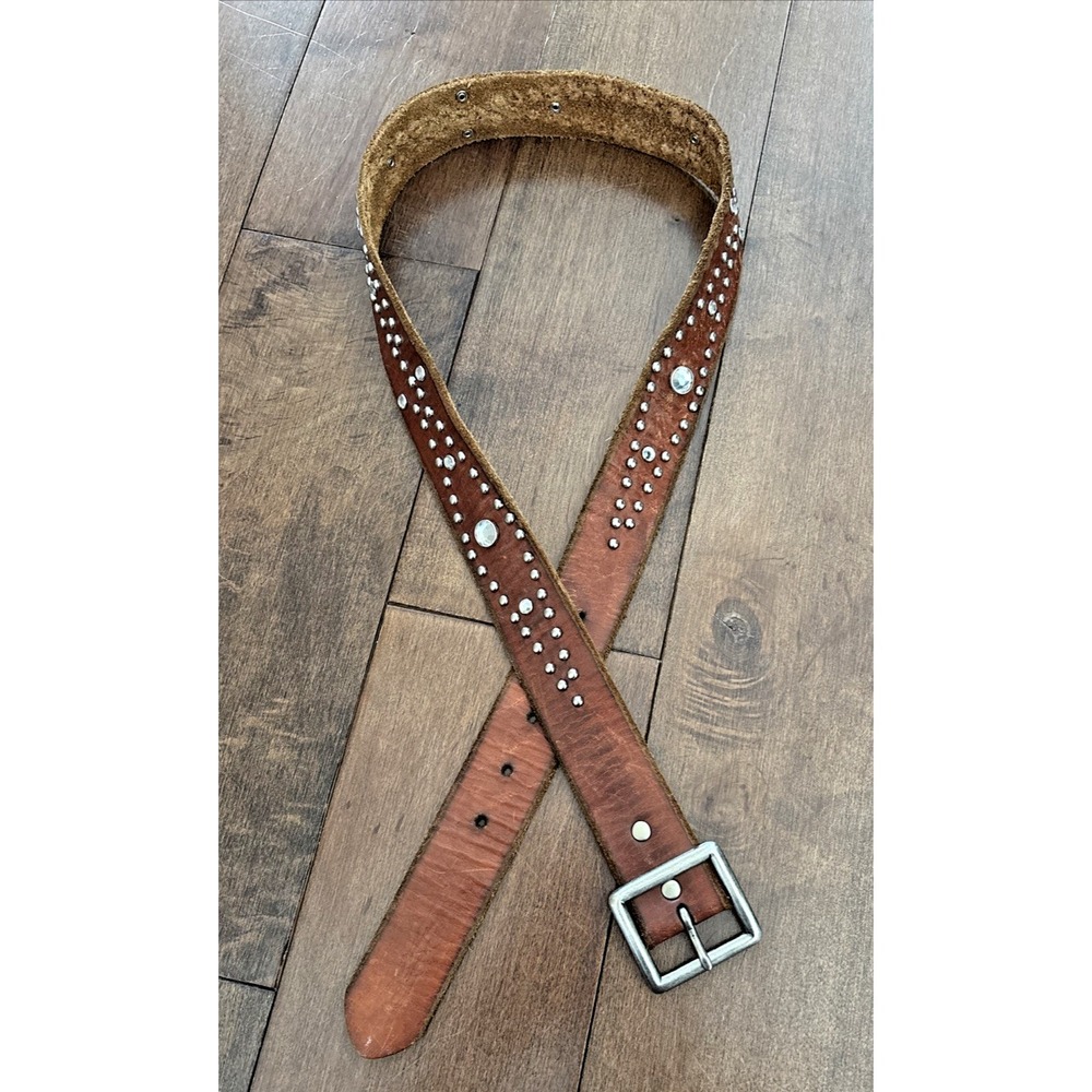 American Eagle Brown 100% Leather Belt Western Hippy Studded Womens M Rhinestone - Picture 14 of 16